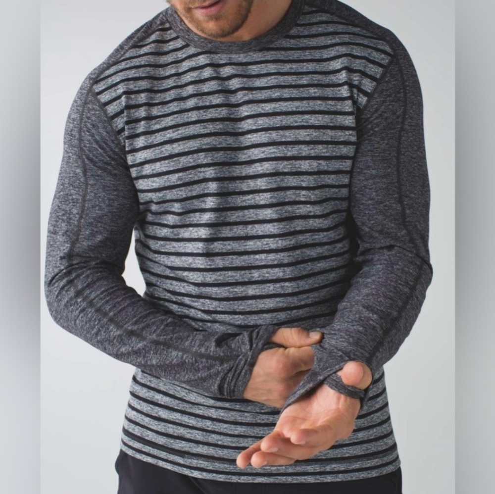 LULULEMON Mens Surge Warm Crew Shirt Long Sleeve Stripe‎ Grey Black Rulu Small
